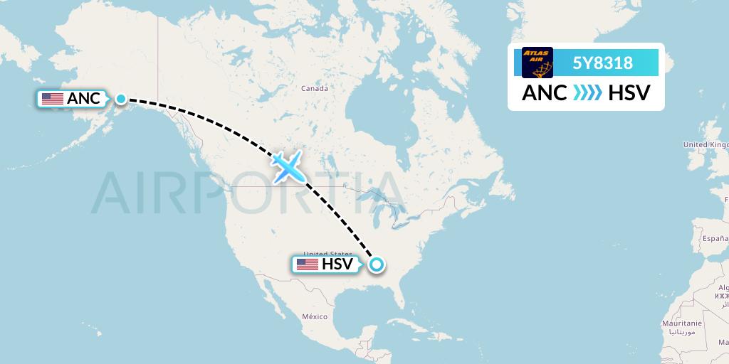 5Y8318 Atlas Air Flight Map: Anchorage to Huntsville