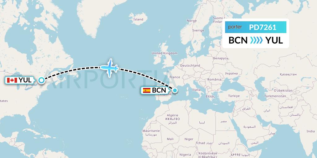 PD7261 Porter Airlines Flight Map: Barcelona to Montreal
