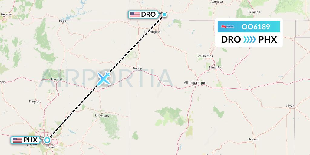 OO6189 SkyWest Airlines Flight Map: Durango to Phoenix