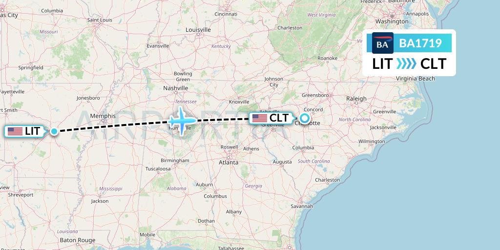 BA1719 British Airways Flight Map: Little Rock to Charlotte