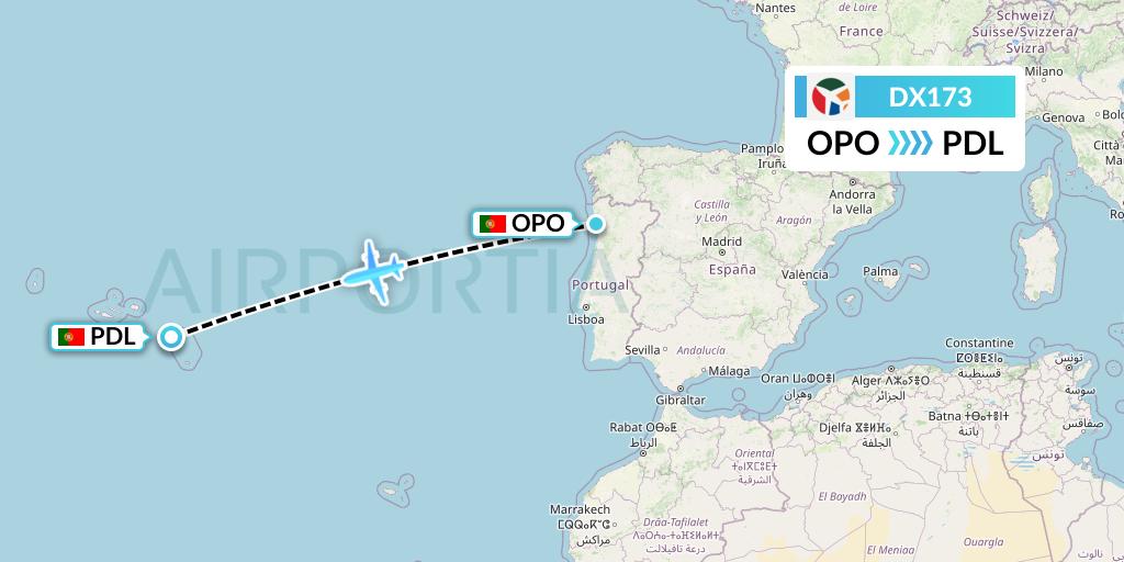 DX173 Danish Air Transport Flight Map: Porto to Ponta Delgada