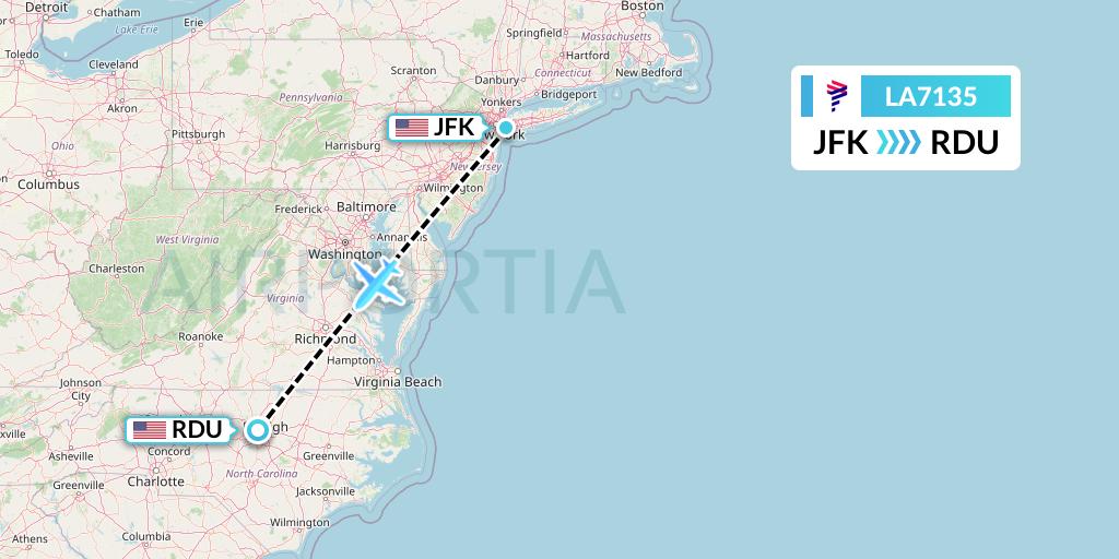 LA7135 LAN Airlines Flight Map: New York to Raleigh-Durham