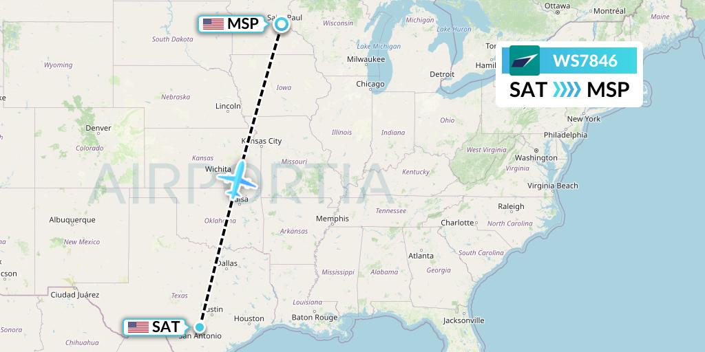 WS7846 WestJet Flight Map: San Antonio to Minneapolis