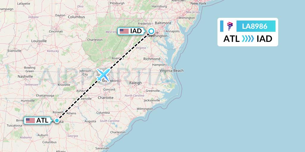 LA8986 LAN Airlines Flight Map: Atlanta to Washington