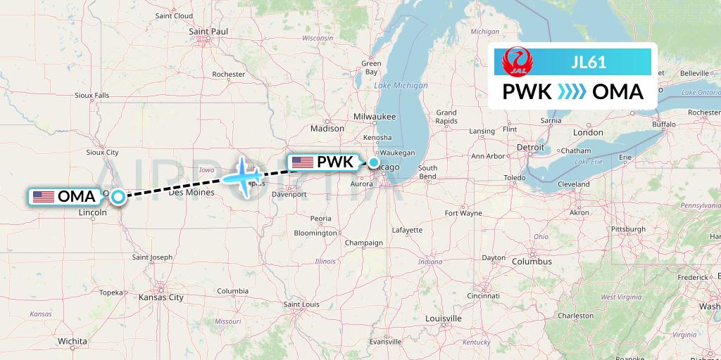 JL61 Japan Airlines Flight Map: Chicago to Omaha