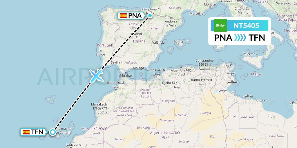 NT5405 Binter Canarias Flight Map: Pamplona to Tenerife
