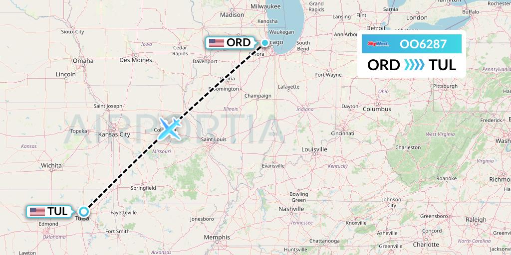 OO6287 SkyWest Airlines Flight Map: Chicago to Tulsa