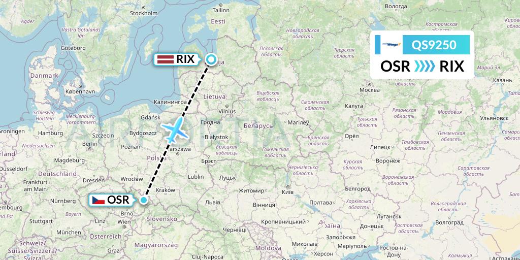 QS9250 Smartwings Flight Map: Ostrava to Riga