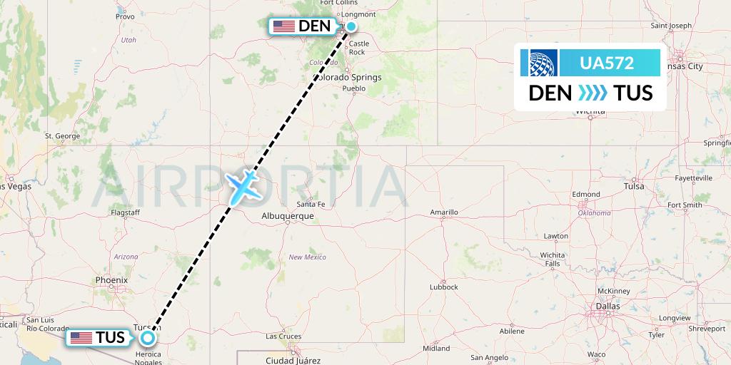 UA572 United Airlines Flight Map: Denver to Tucson