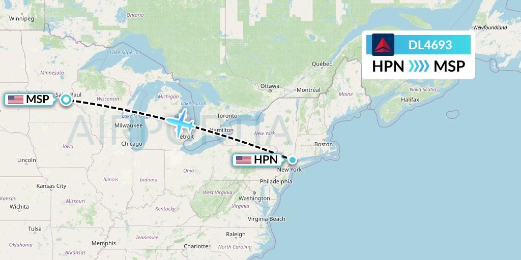 DL4693 Delta Air Lines Flight Map: White Plains to Minneapolis