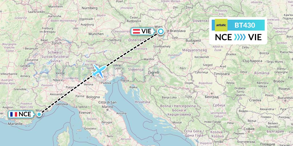 BT430 Air Baltic Flight Map: Nice to Vienna