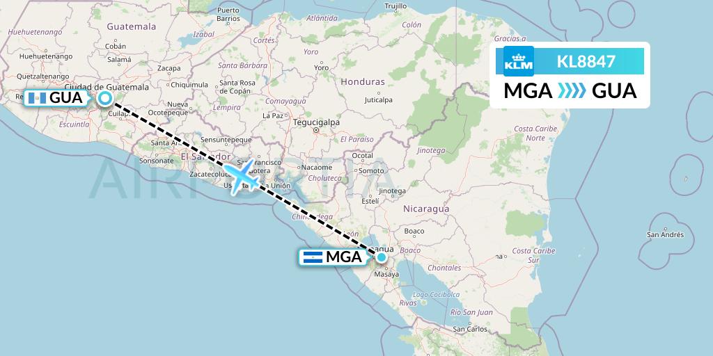 KL8847 KLM Flight Map: Managua to Guatemala City
