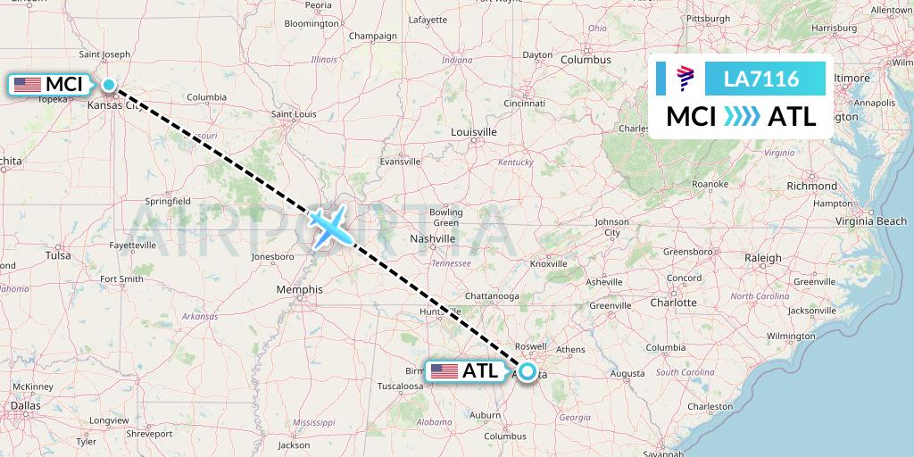LA7116 LAN Airlines Flight Map: Kansas City to Atlanta