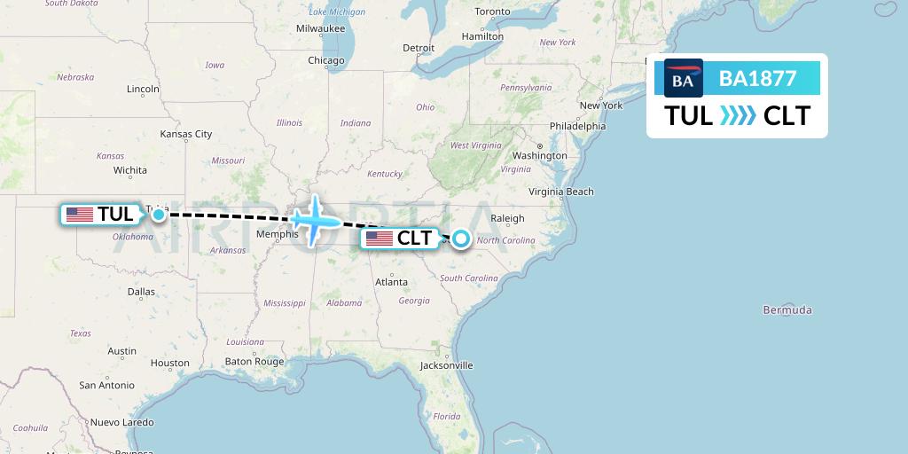 BA1877 British Airways Flight Map: Tulsa to Charlotte