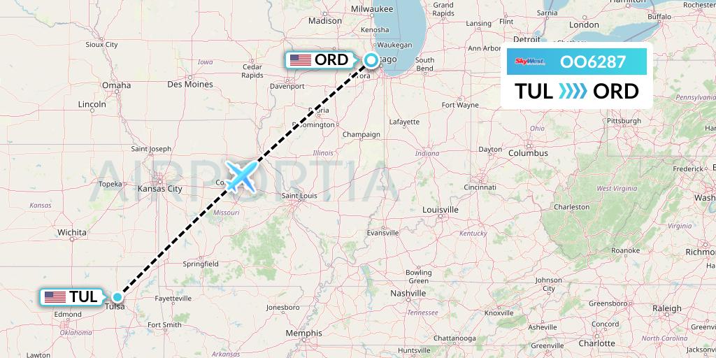 OO6287 SkyWest Airlines Flight Map: Tulsa to Chicago