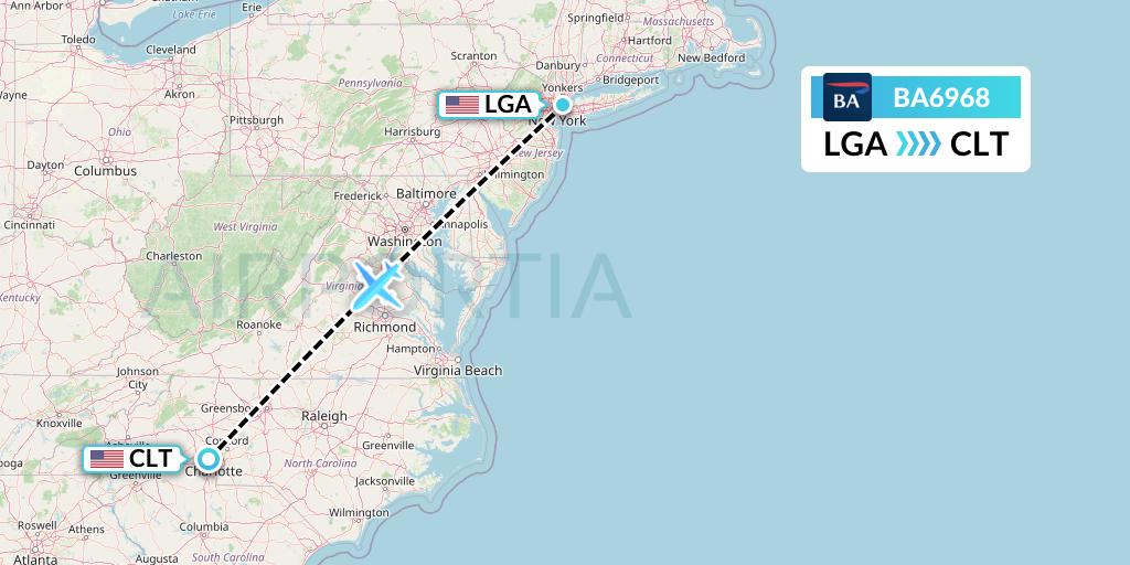 BA6968 British Airways Flight Map: New York to Charlotte