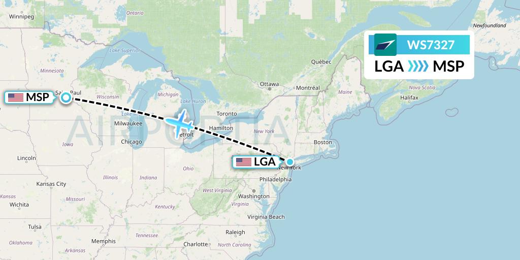 WS7327 WestJet Flight Map: New York to Minneapolis
