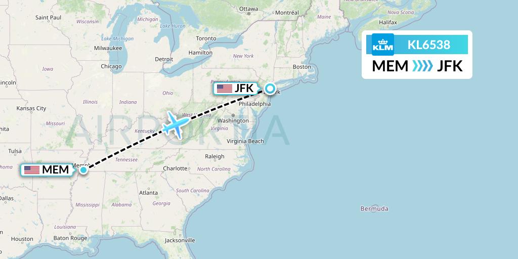 KL6538 KLM Flight Map: Memphis to New York