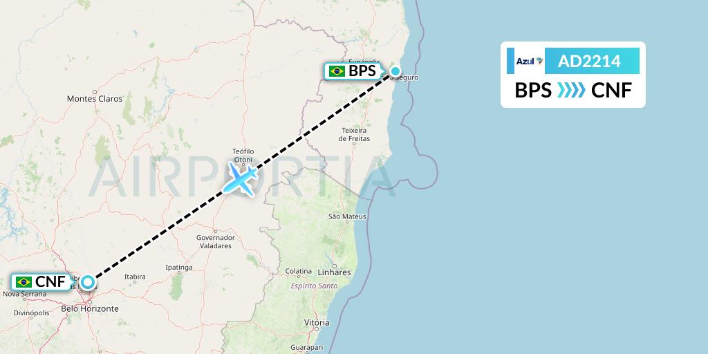 AD2214 Azul Brazilian Airlines Flight Map: Porto Seguro to Belo Horizonte