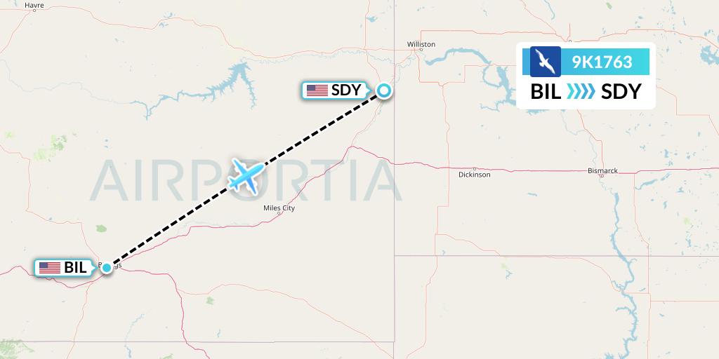 9K1763 Cape Air Flight Map: Billings to Sidney