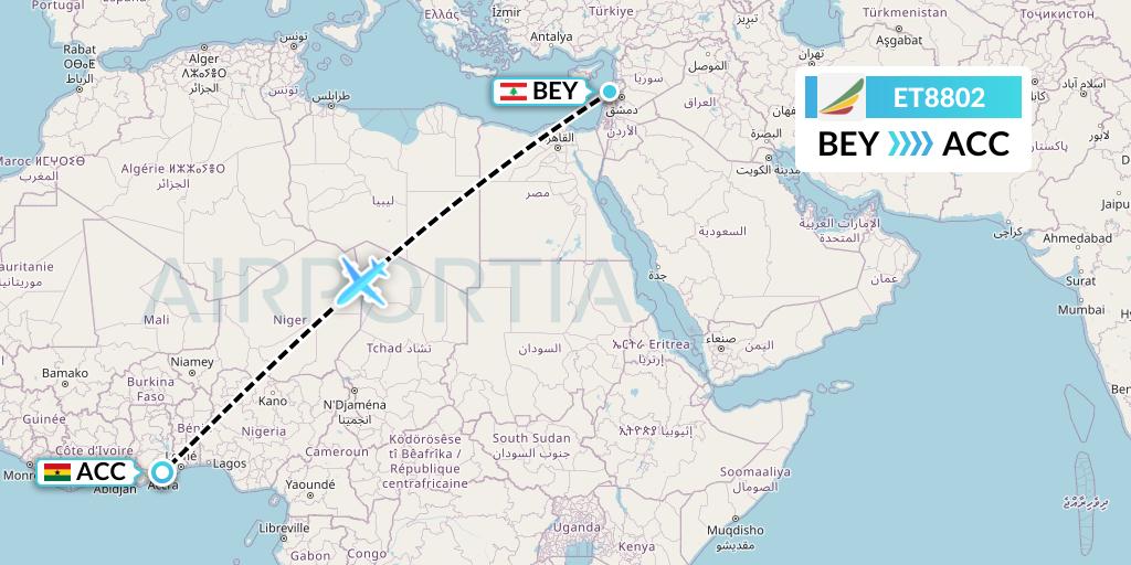 ET8802 Ethiopian Airlines Flight Map: Beirut to Accra