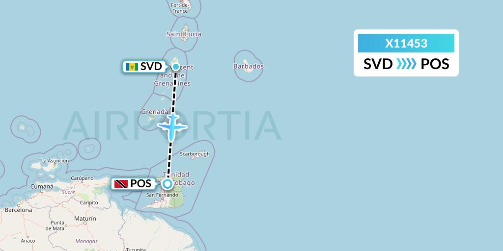 X11453 Nik Airways Flight Map: Kingstown to Port of Spain