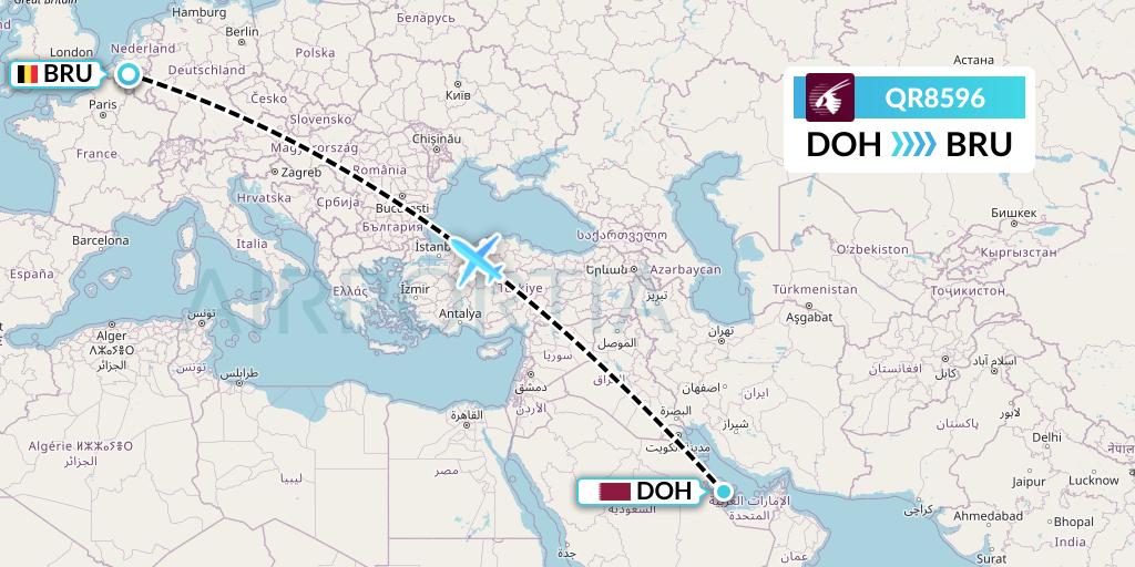 QR8596 Qatar Airways Flight Map: Doha to Brussels