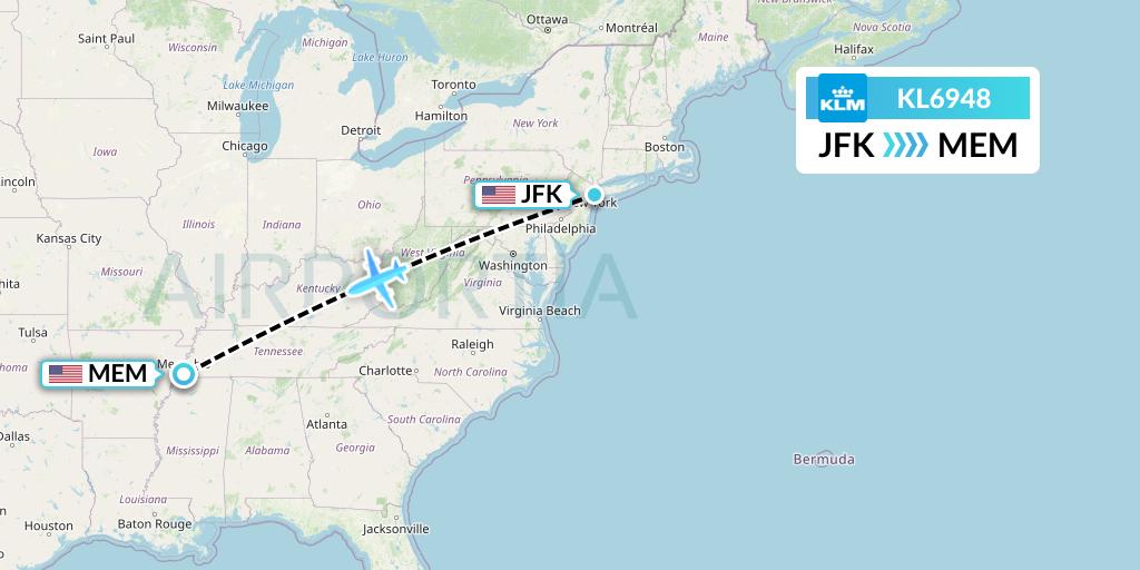KL6948 KLM Flight Map: New York to Memphis