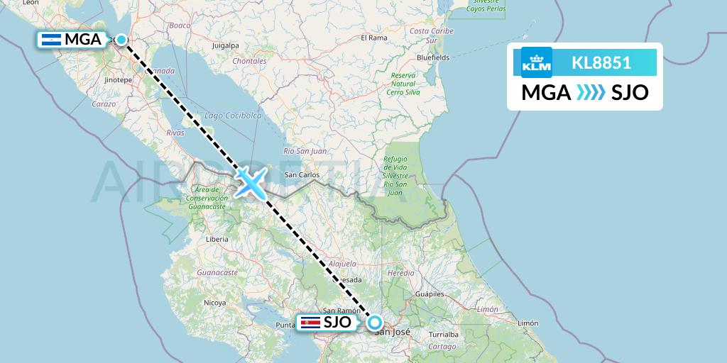 KL8851 KLM Flight Map: Managua to San Jose