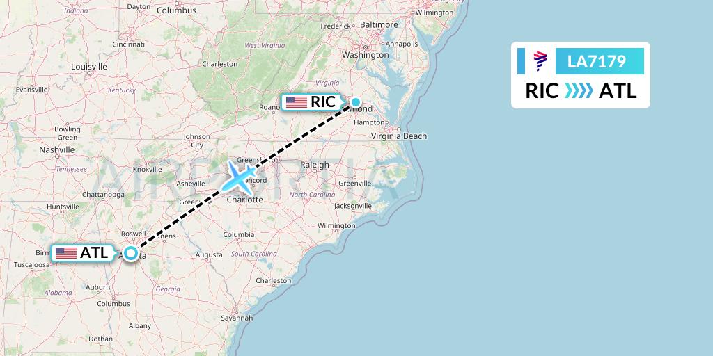 LA7179 LAN Airlines Flight Map: Richmond to Atlanta