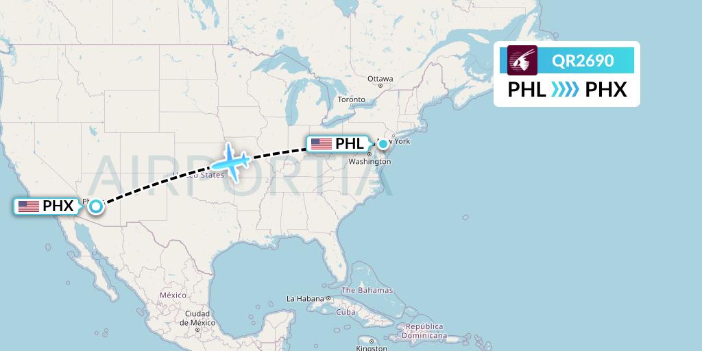 QR2690 Qatar Airways Flight Map: Philadelphia to Phoenix