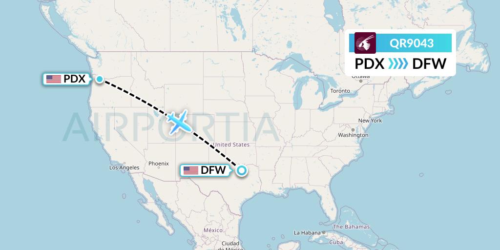 QR9043 Qatar Airways Flight Map: Portland to Dallas