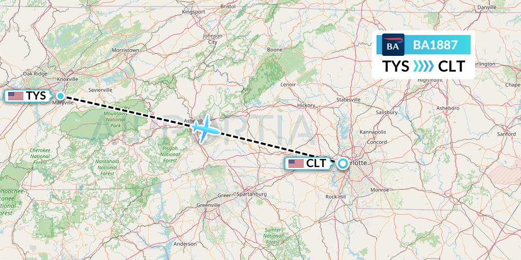 BA1887 British Airways Flight Map: Knoxville to Charlotte