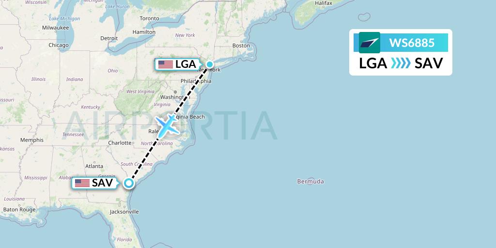 WS6885 WestJet Flight Map: New York to Savannah