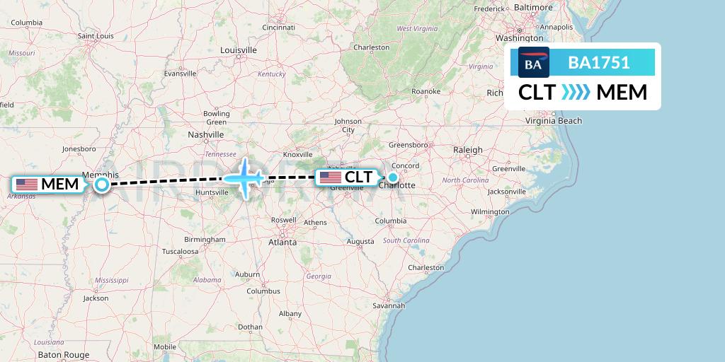 BA1751 British Airways Flight Map: Charlotte to Memphis