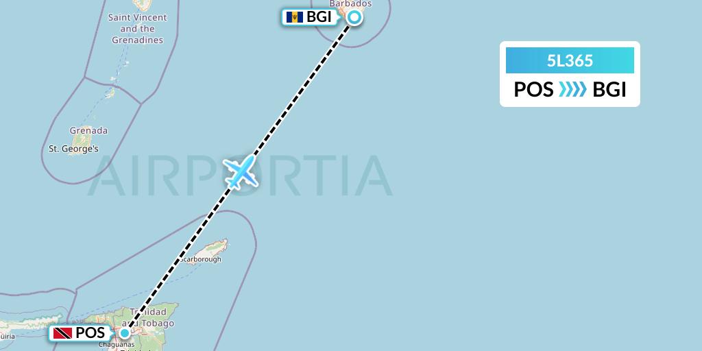 5L365 Fly Salone Airlines Limited Flight Map: Port of Spain to Bridgetown