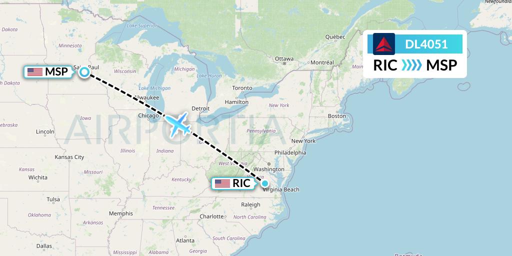 DL4051 Delta Air Lines Flight Map: Richmond to Minneapolis
