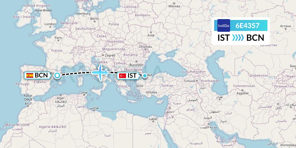 6E4357 IndiGo Airlines Flight Map: Istanbul to Barcelona