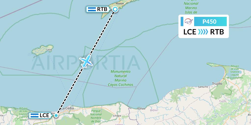P450 Air Peace Flight Map: La Ceiba to Roatan