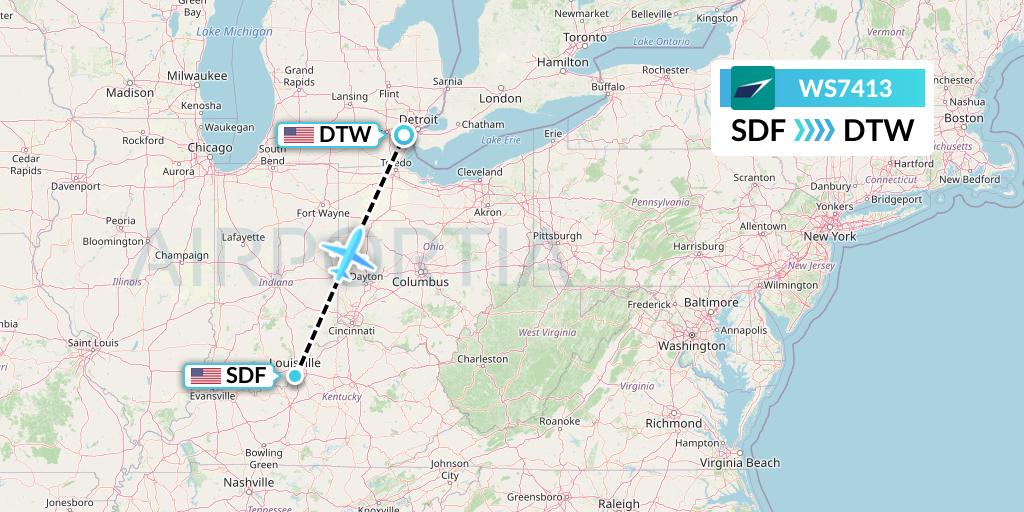 WS7413 WestJet Flight Map: Louisville to Detroit