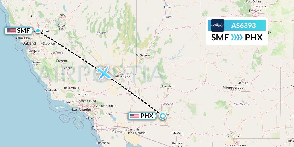 AS6393 Alaska Airlines Flight Map: Sacramento to Phoenix