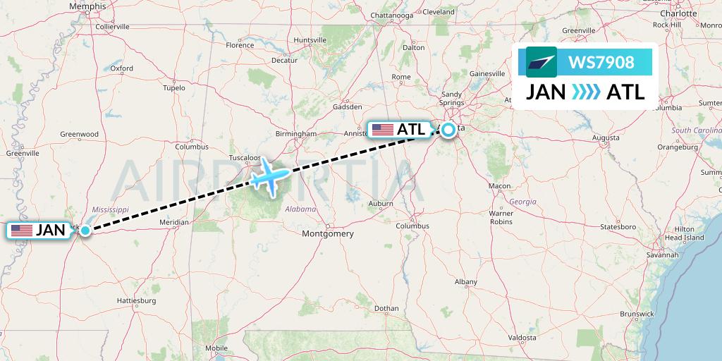 WS7908 WestJet Flight Map: Jackson to Atlanta