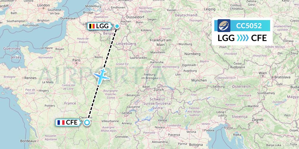 CC5052 CM Airlines Flight Map: Liege to Clermont-Ferrand