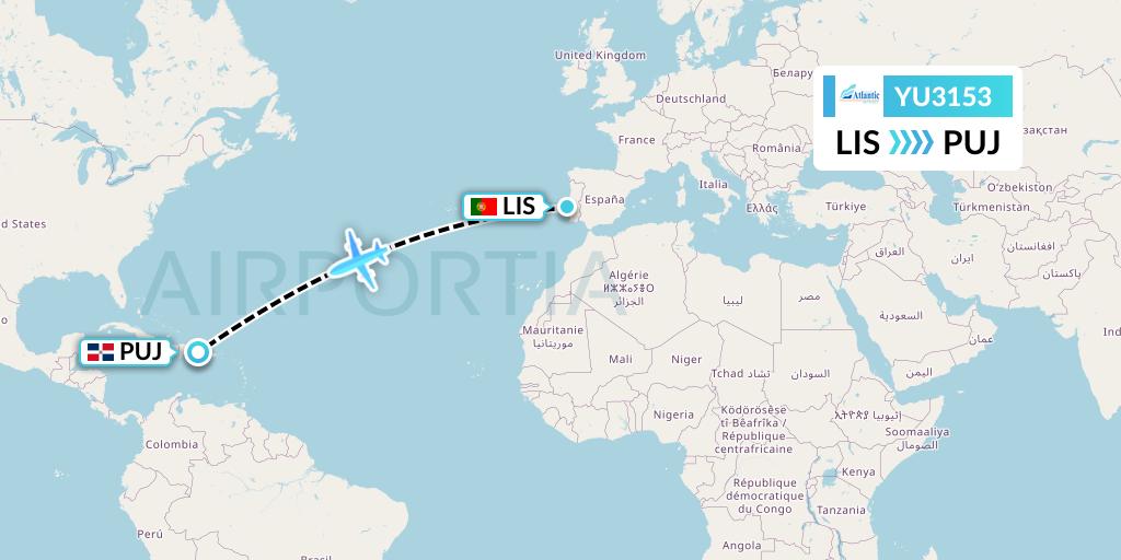 YU3153 EuroAtlantic Airways Flight Map: Lisbon to Punta Cana