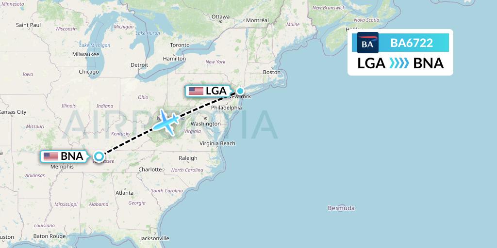 BA6722 British Airways Flight Map: New York to Nashville