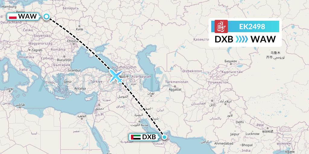 EK2498 Emirates Flight Map: Dubai to Warsaw