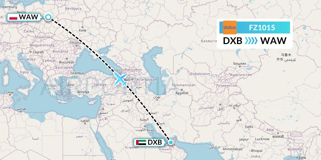FZ1015 FlyDubai Flight Map: Dubai to Warsaw