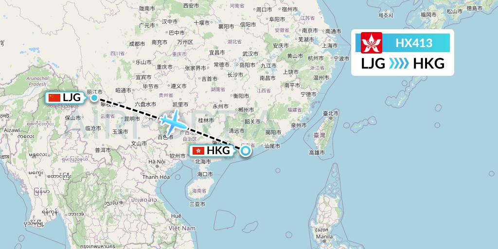 HX413 Hong Kong Airlines Flight Map: Lijiang to Hong Kong
