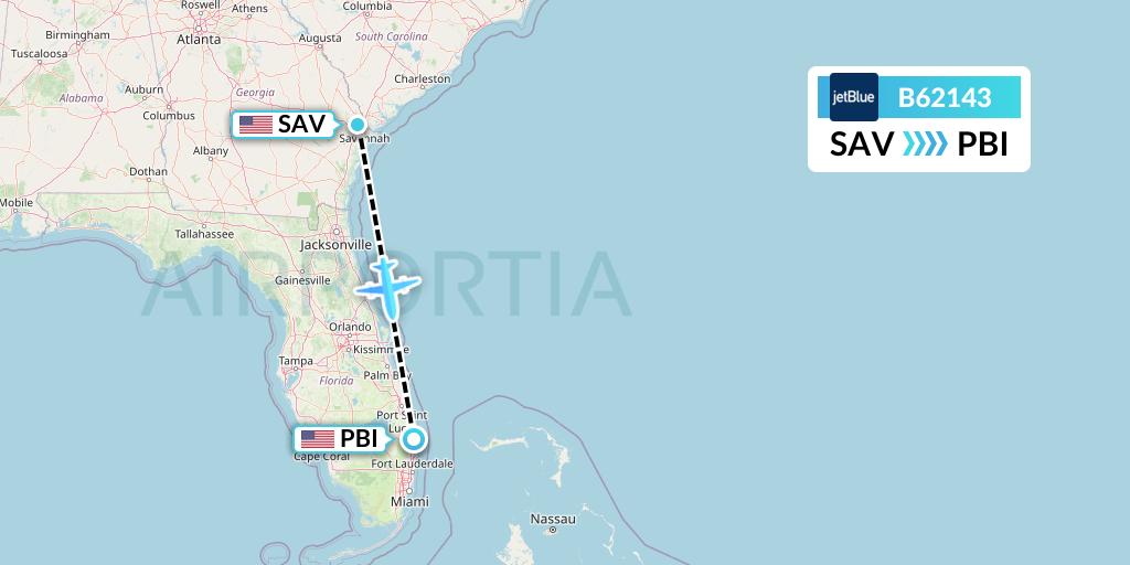 B62143 JetBlue Airways Flight Map: Savannah to West Palm Beach