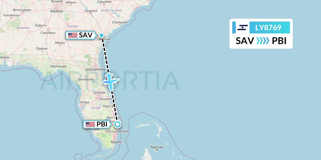 LY8769 El Al Flight Map: Savannah to West Palm Beach
